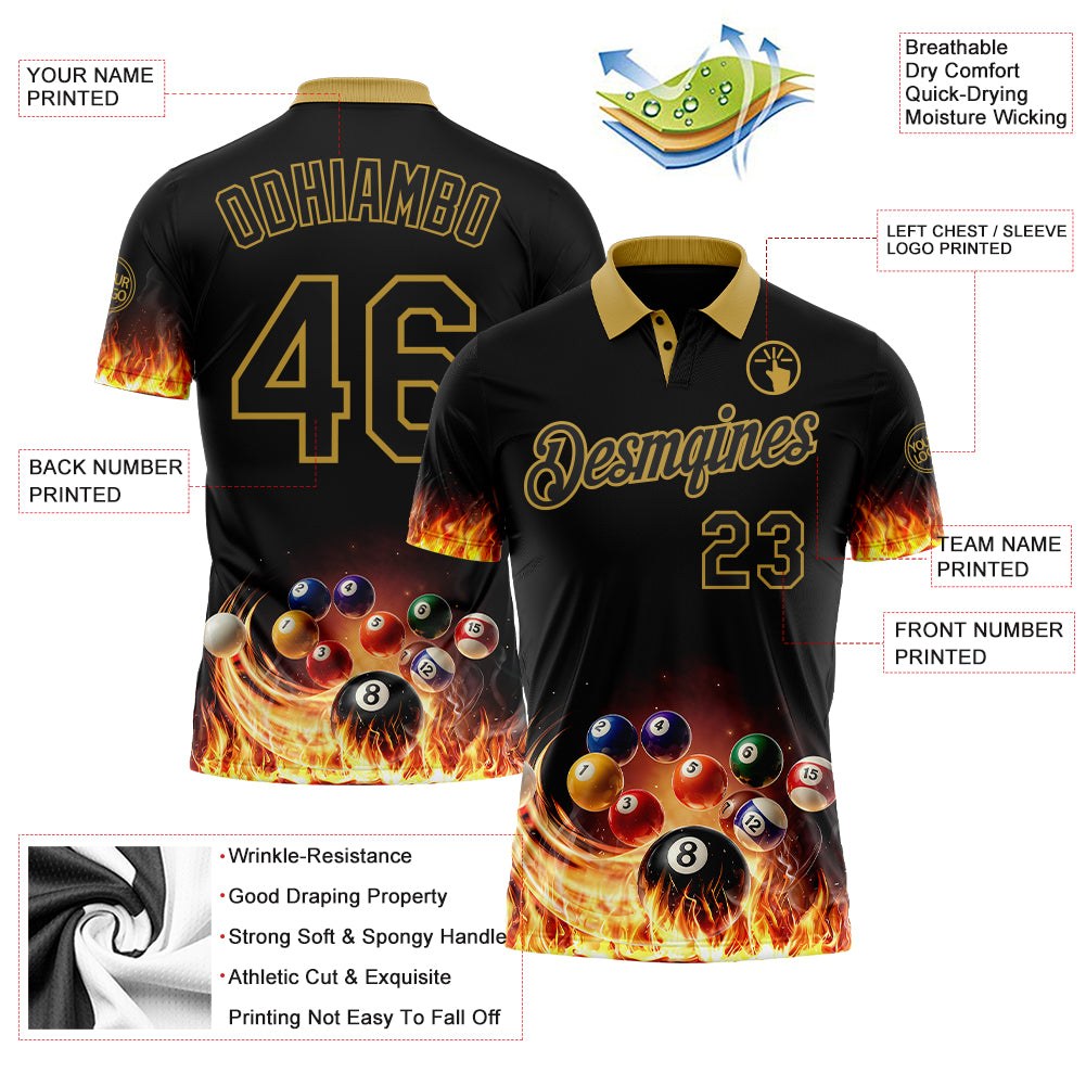 Custom Black-Old Gold Flame Billiards Snooker Balls Pool Performance Polo Shirt photo 3