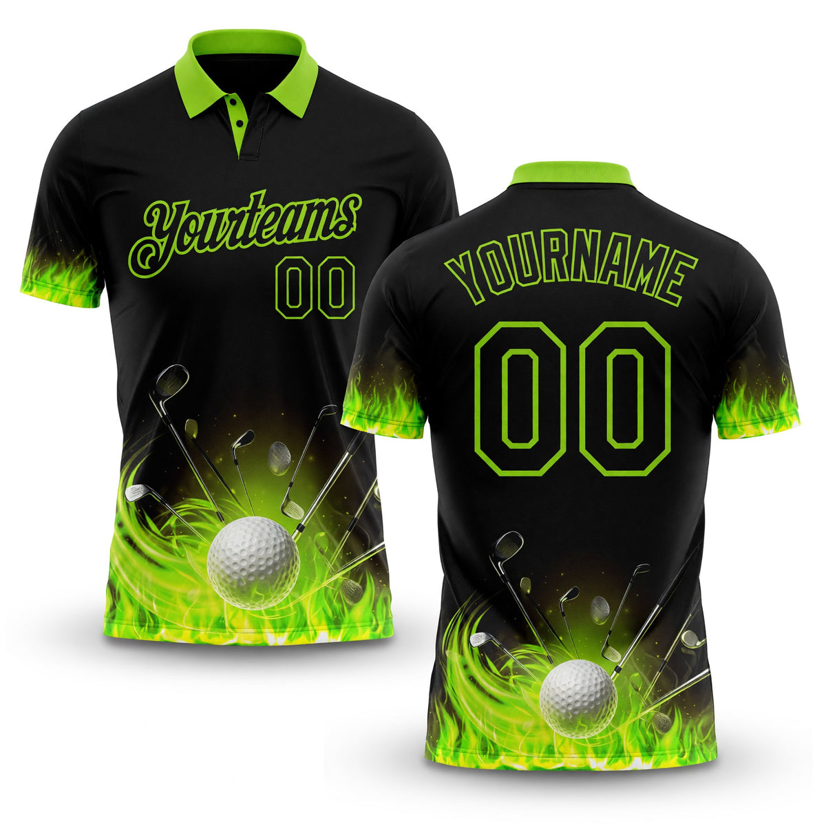 Custom Black-Neon Green Flame Golf Ball 3D Pattern Performance Polo Shirt