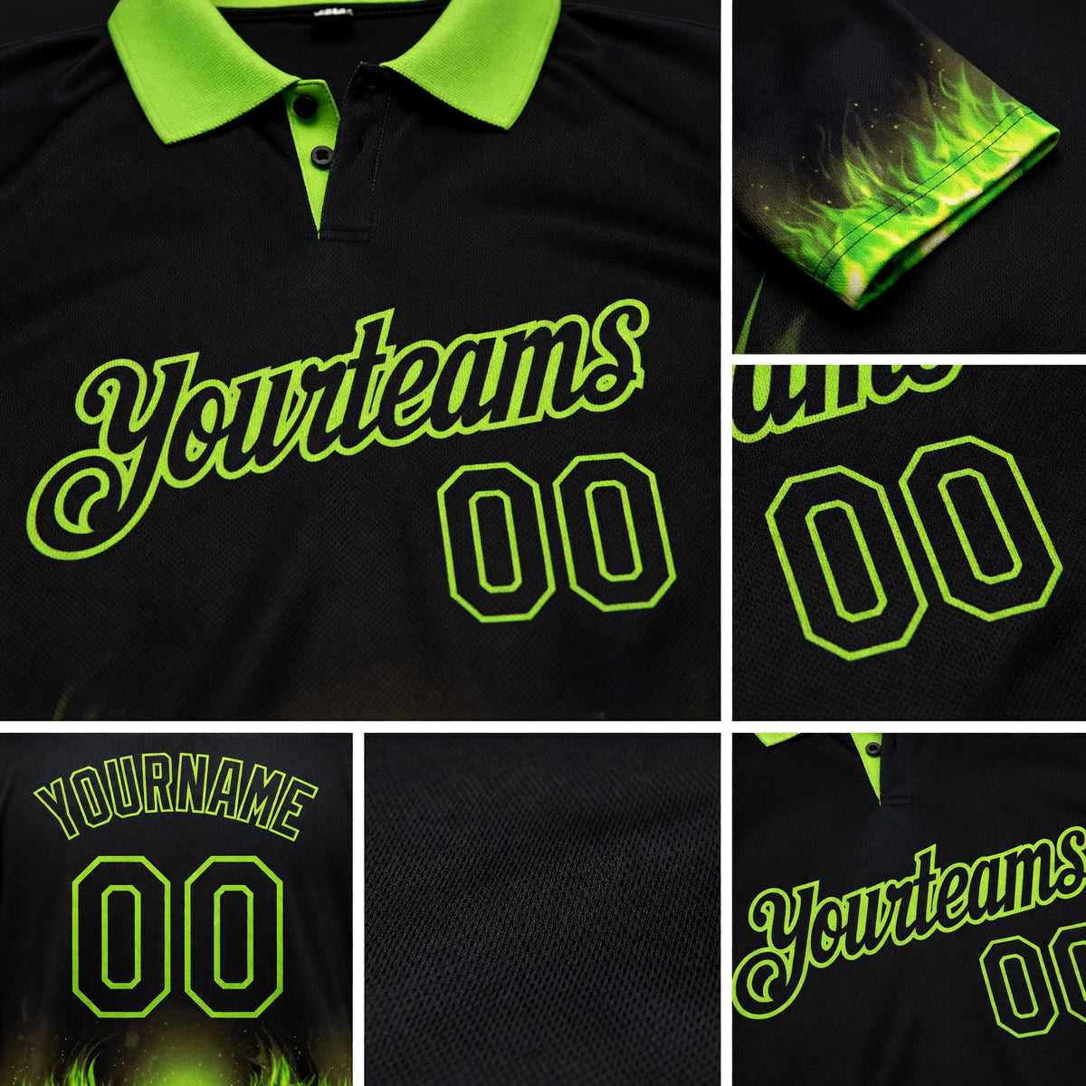 Custom Black-Neon Green Flame Golf Ball 3D Pattern Performance Polo Shirt detail