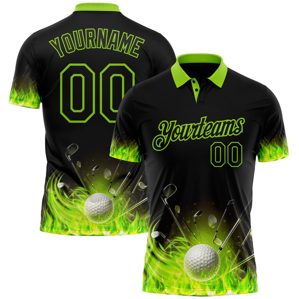 Custom Black-Neon Green Flame Golf Ball 3D Pattern Performance Polo Shirt photo 1