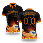 Custom Black-Bay Orange Flame Volleyball Ball 3D Pattern Performance Polo Shirt