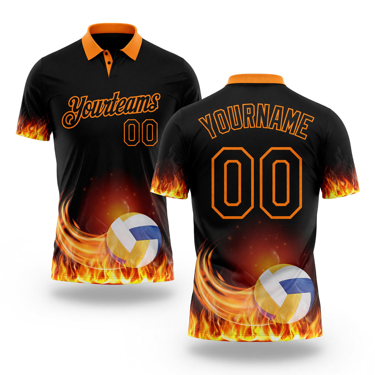 Custom Black-Bay Orange Flame Volleyball Ball 3D Pattern Performance Polo Shirt