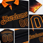 Custom Black-Bay Orange Flame Volleyball Ball 3D Pattern Performance Polo Shirt detail