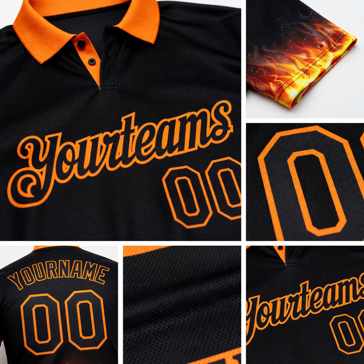 Custom Black-Bay Orange Flame Volleyball Ball 3D Pattern Performance Polo Shirt detail