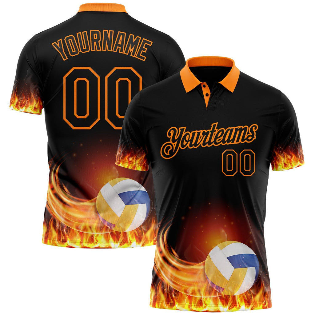 Custom Black-Bay Orange Flame Volleyball Ball 3D Pattern Performance Polo Shirt photo 1