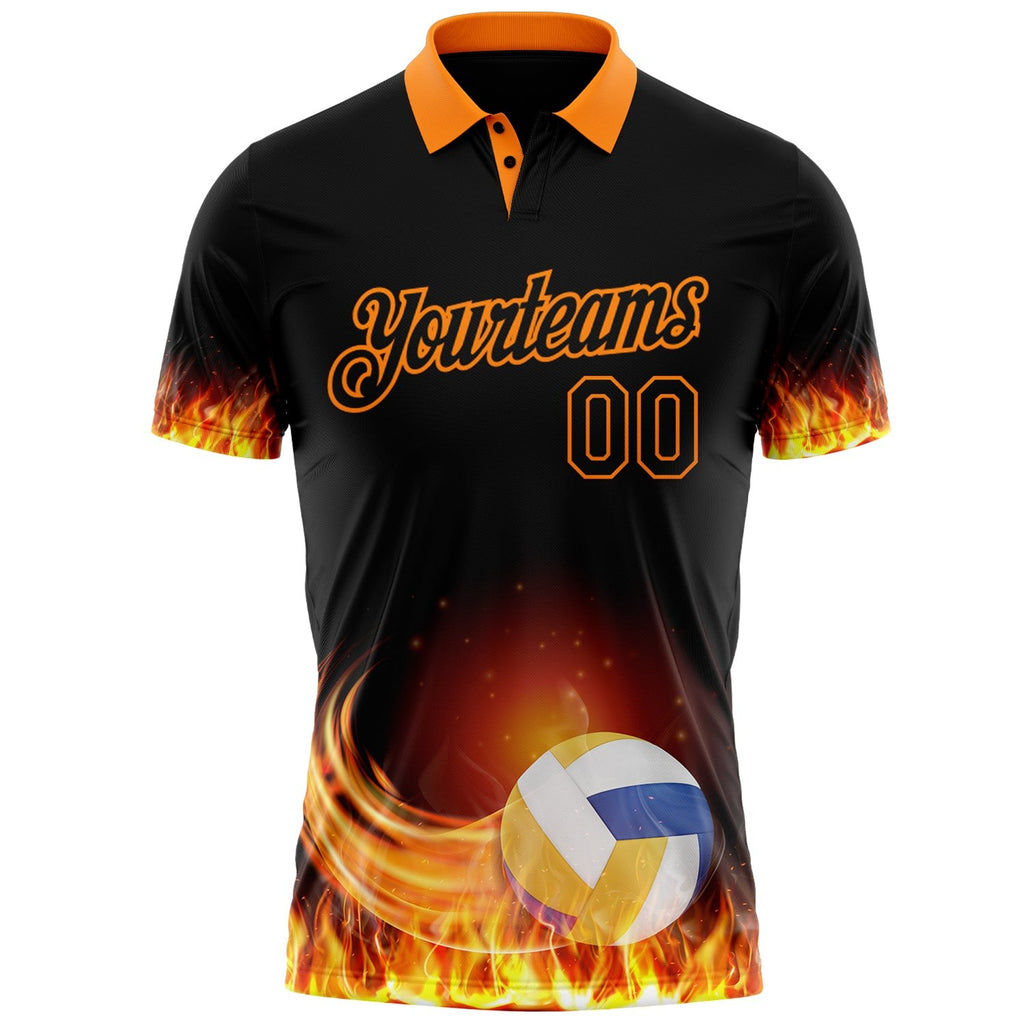 Custom Black-Bay Orange Flame Volleyball Ball 3D Pattern Performance Polo Shirt photo 2
