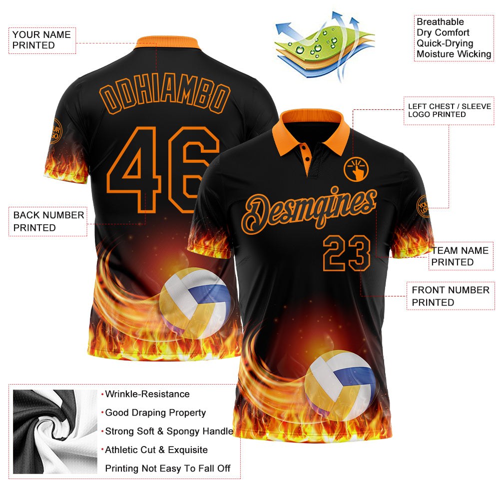 Custom Black-Bay Orange Flame Volleyball Ball 3D Pattern Performance Polo Shirt photo 3
