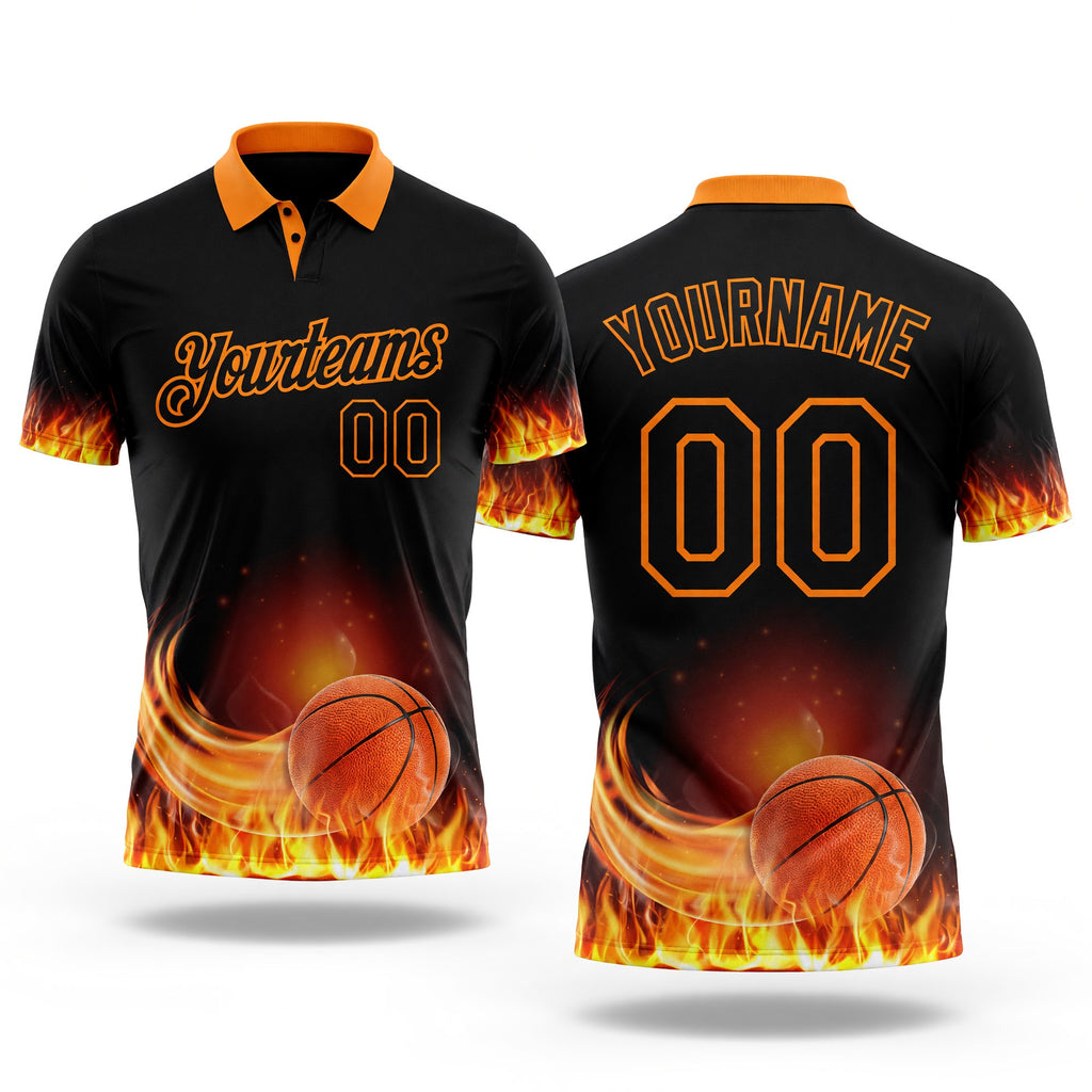Custom Black-Bay Orange Flame Basketball Ball 3D Pattern Performance Polo Shirt