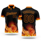 Custom Black-Bay Orange Flame Basketball Ball 3D Pattern Performance Polo Shirt