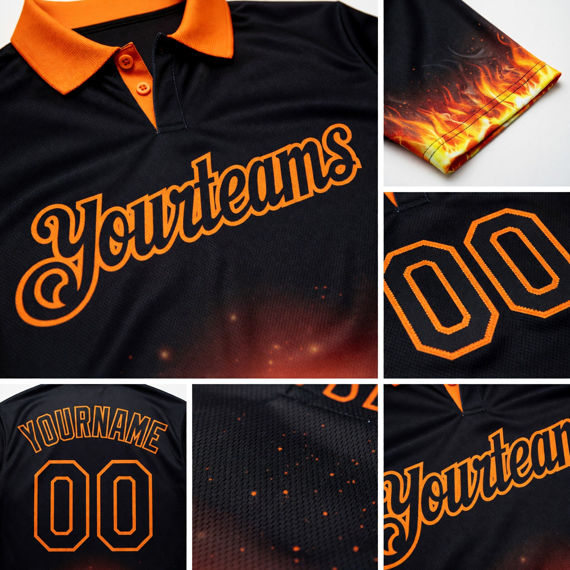 Custom Black-Bay Orange Flame Basketball Ball 3D Pattern Performance Polo Shirt detail