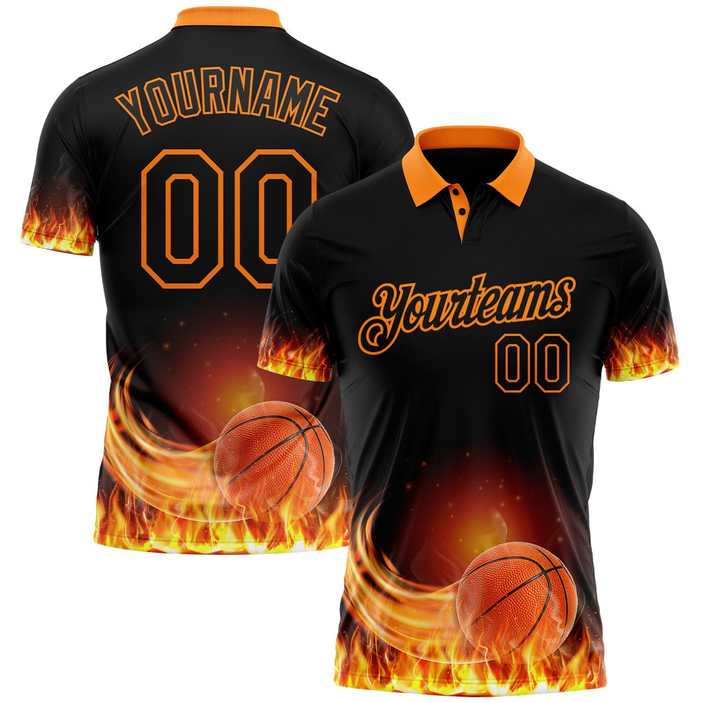 Custom Black-Bay Orange Flame Basketball Ball 3D Pattern Performance Polo Shirt photo 1