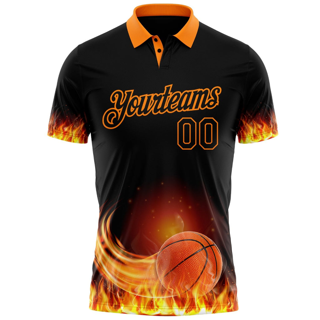 Custom Black-Bay Orange Flame Basketball Ball 3D Pattern Performance Polo Shirt photo 2