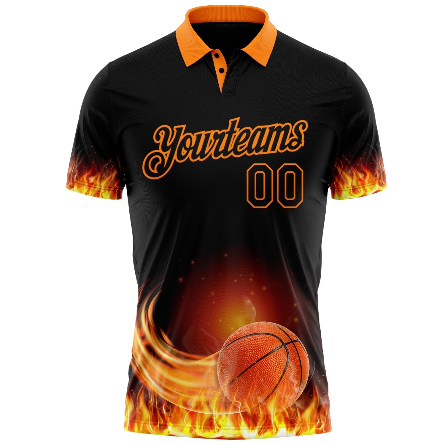 Custom Black-Bay Orange Flame Basketball Ball 3D Pattern Performance Polo Shirt photo 2