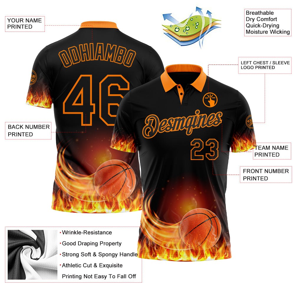 Custom Black-Bay Orange Flame Basketball Ball 3D Pattern Performance Polo Shirt photo 3