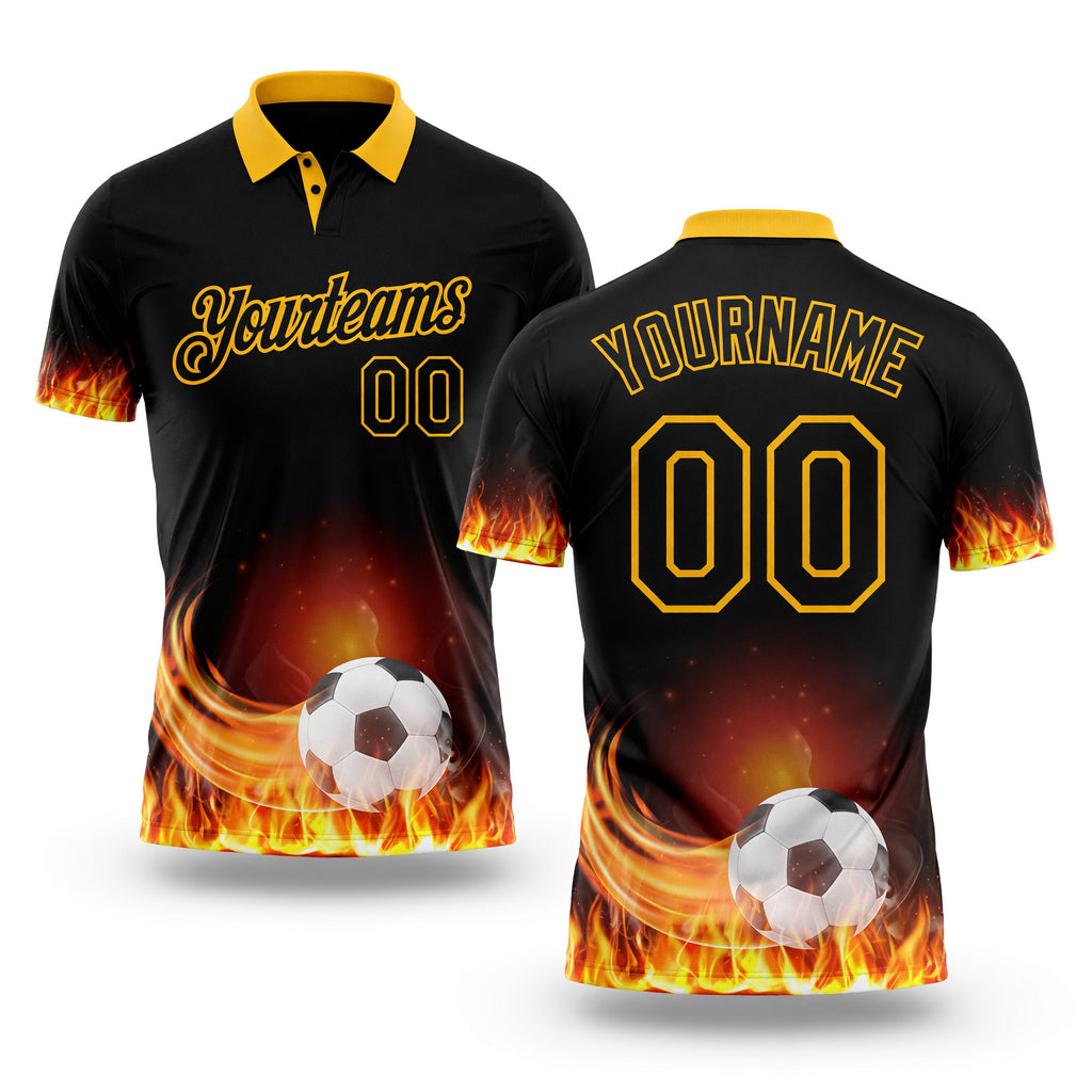 Custom Black-Gold Flame Soccer Ball 3D Pattern Performance Polo Shirt