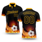 Custom Black-Gold Flame Soccer Ball 3D Pattern Performance Polo Shirt