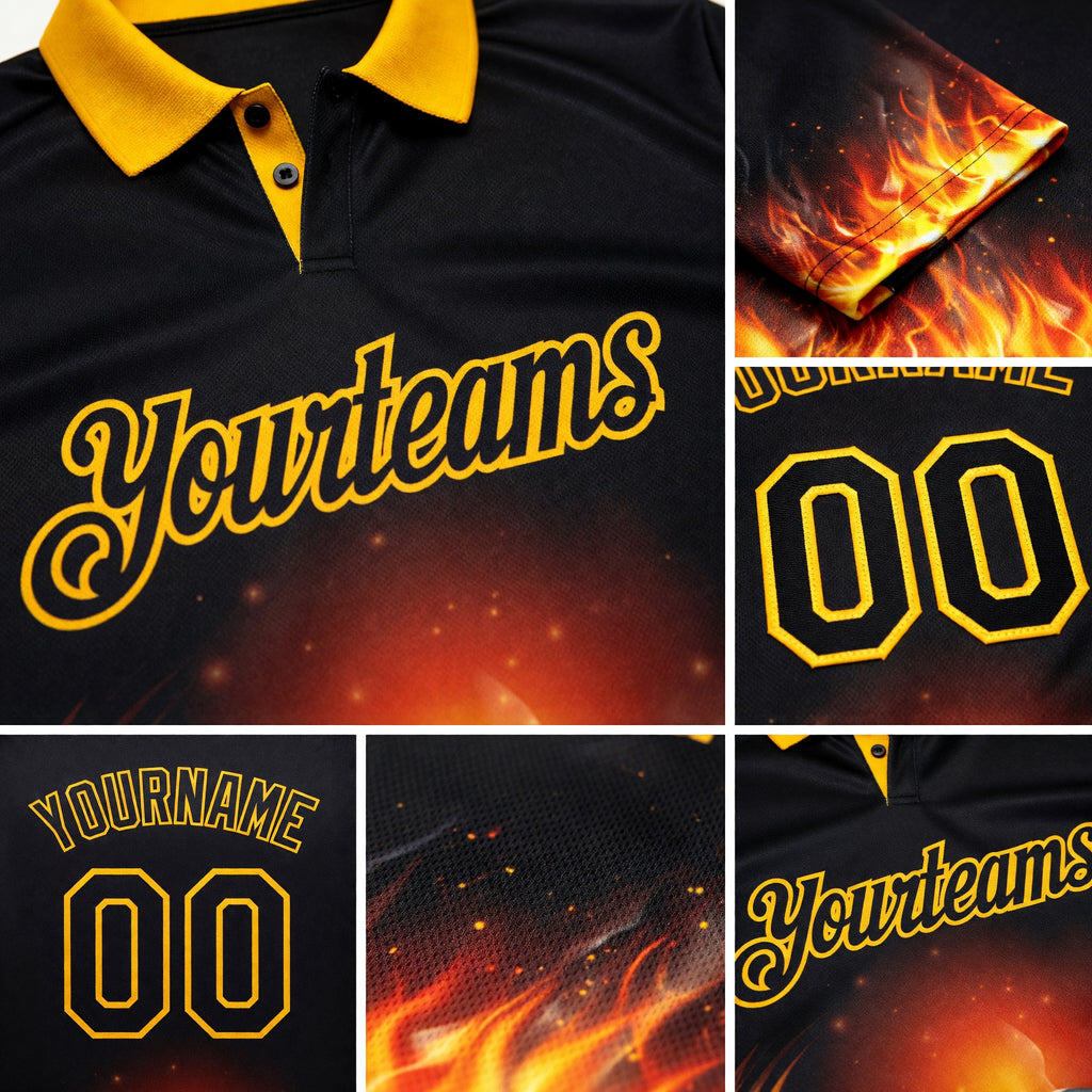 Custom Black-Gold Flame Soccer Ball 3D Pattern Performance Polo Shirt detail