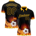 Custom Black-Gold Flame Soccer Ball 3D Pattern Performance Polo Shirt photo 1