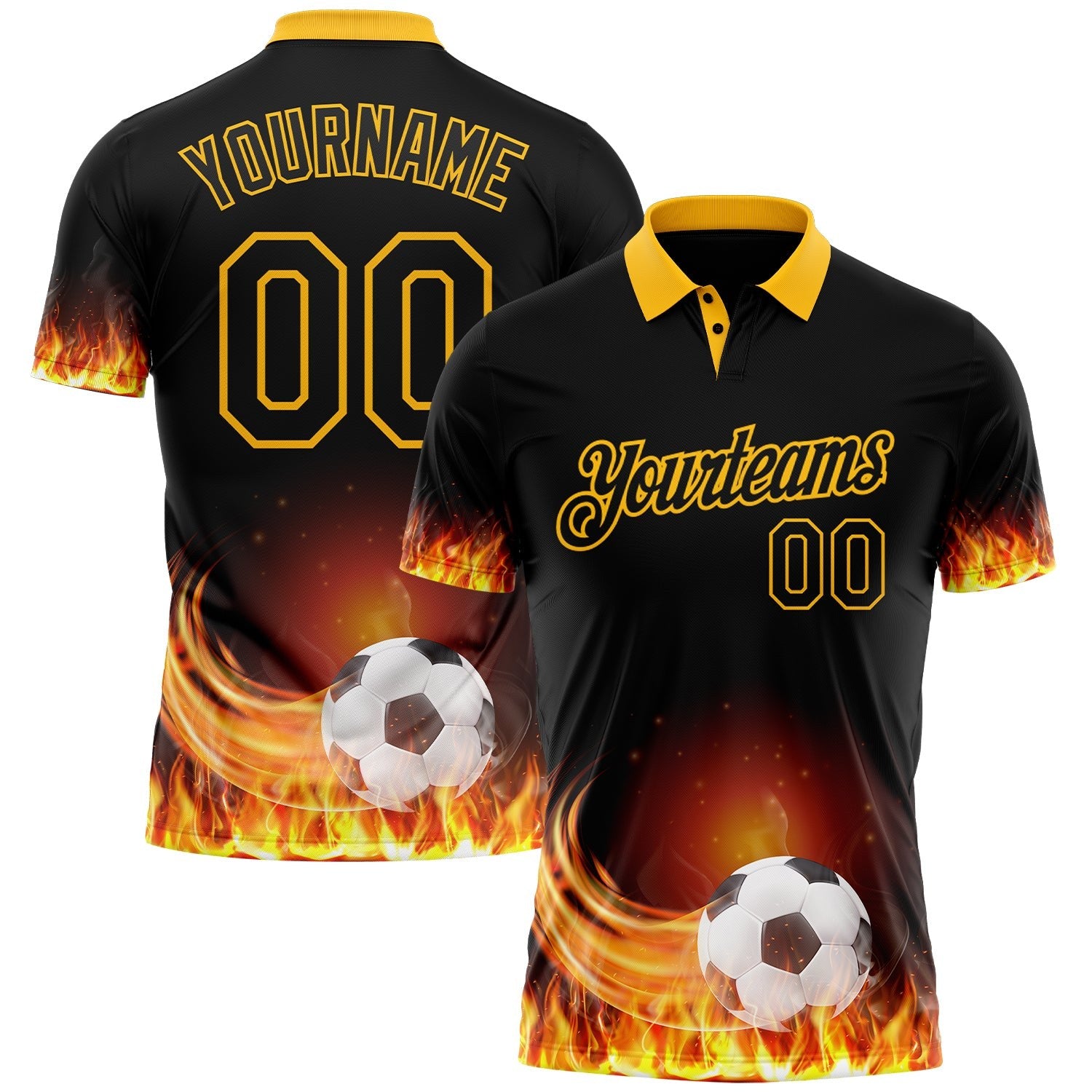 Custom Black-Gold Flame Soccer Ball 3D Pattern Performance Polo Shirt photo 1