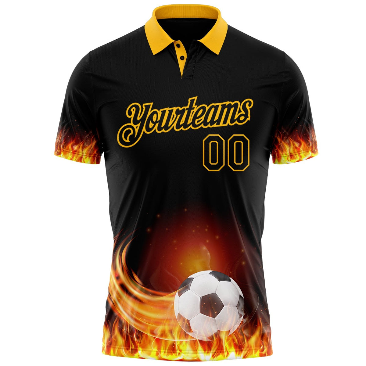 Custom Black-Gold Flame Soccer Ball 3D Pattern Performance Polo Shirt photo 2