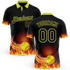 Custom Black-Neon Yellow Flame Softball Ball 3D Pattern Performance Polo Shirt
