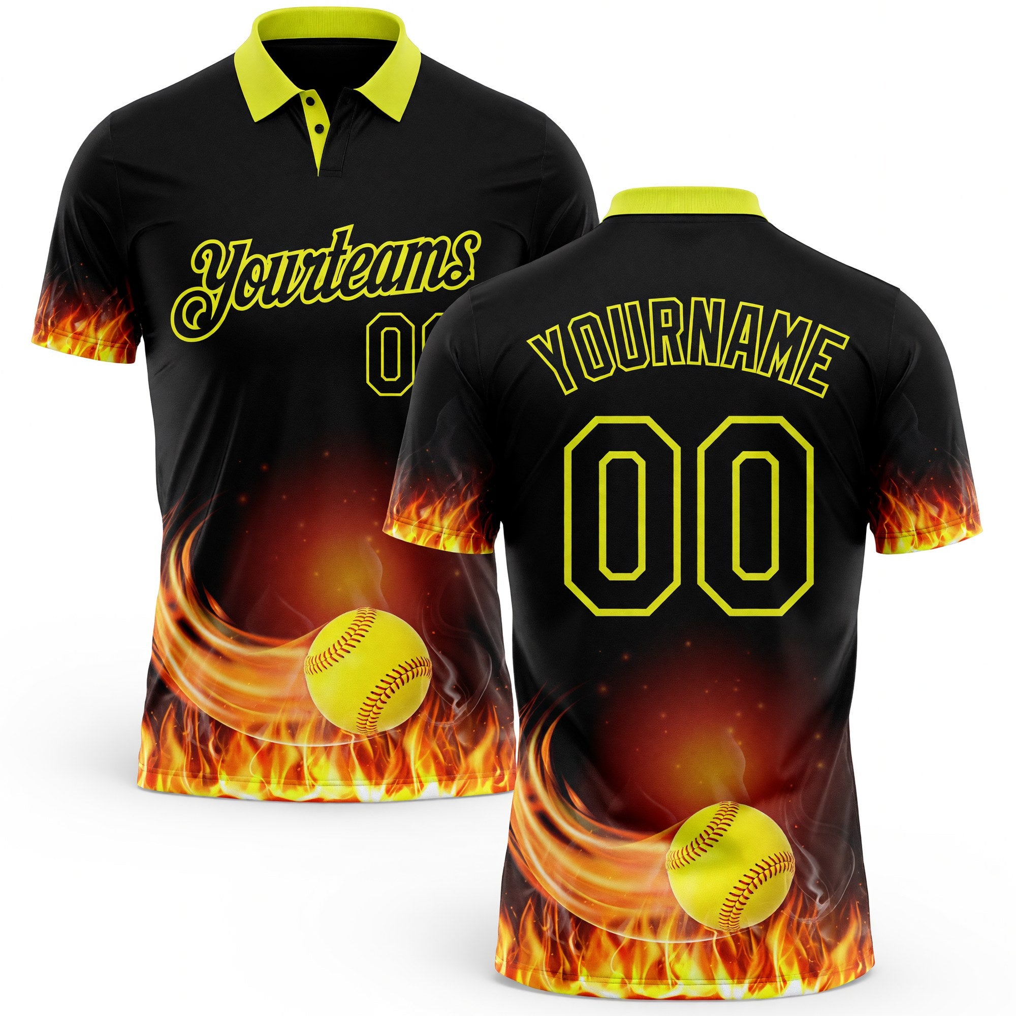 Custom Black-Neon Yellow Flame Softball Ball 3D Pattern Performance Polo Shirt