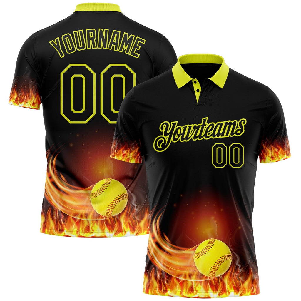 Custom Black-Neon Yellow Flame Softball Ball 3D Pattern Performance Polo Shirt photo 1