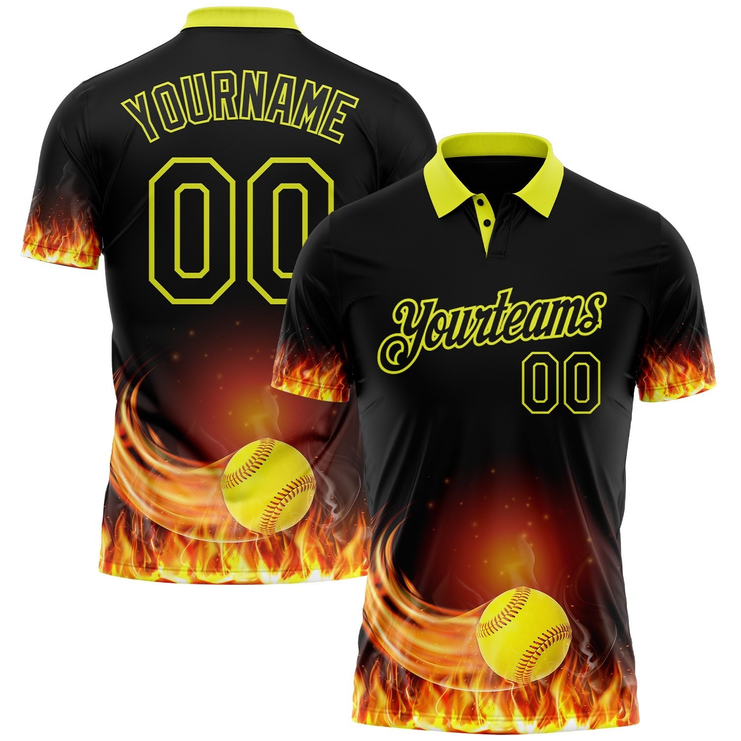 Custom Black-Neon Yellow Flame Softball Ball 3D Pattern Performance Polo Shirt photo 1
