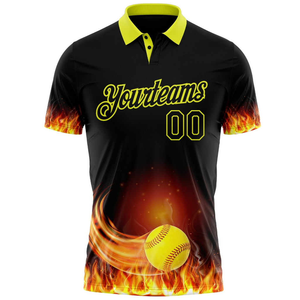 Custom Black-Neon Yellow Flame Softball Ball 3D Pattern Performance Polo Shirt photo 2