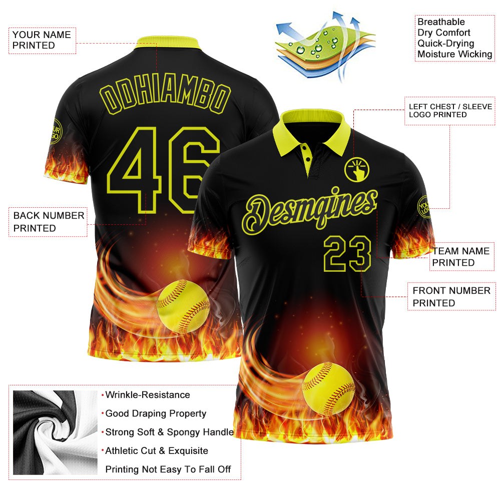 Custom Black-Neon Yellow Flame Softball Ball 3D Pattern Performance Polo Shirt photo 3