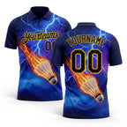 Custom Blue Black-Gold Flame Lightning Badminton Ball 3D Pattern Performance Polo Shirt