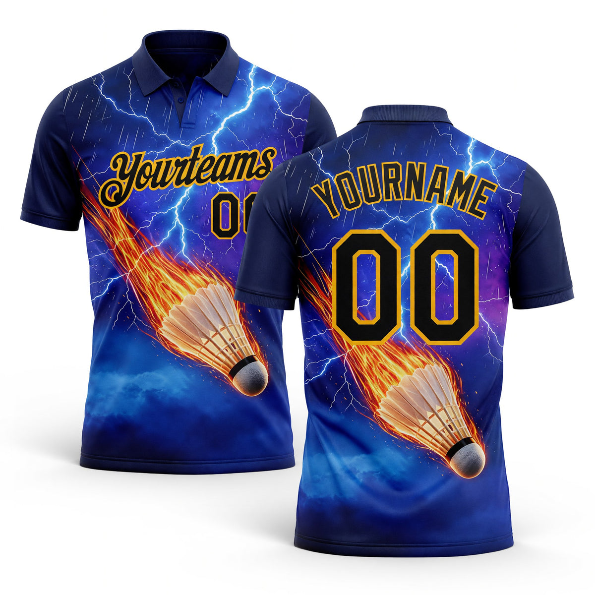 Custom Blue Black-Gold Flame Lightning Badminton Ball 3D Pattern Performance Polo Shirt