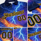 Custom Blue Black-Gold Flame Lightning Badminton Ball 3D Pattern Performance Polo Shirt detail