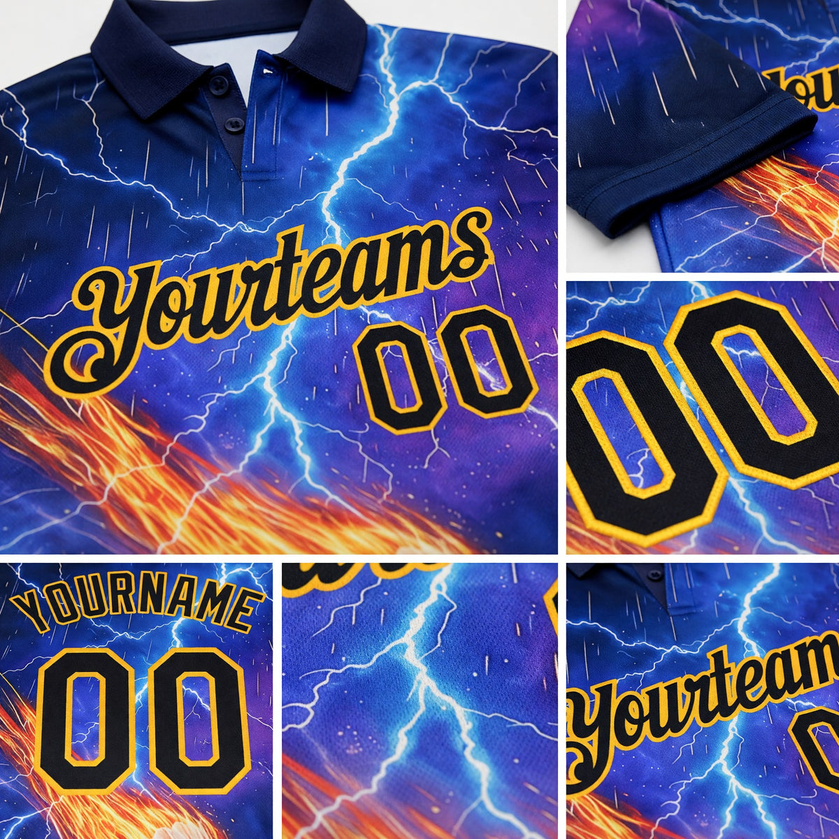Custom Blue Black-Gold Flame Lightning Badminton Ball 3D Pattern Performance Polo Shirt detail