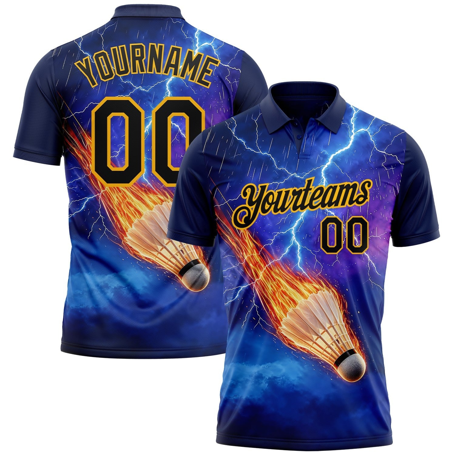 Custom Blue Black-Gold Flame Lightning Badminton Ball 3D Pattern Performance Polo Shirt photo 1