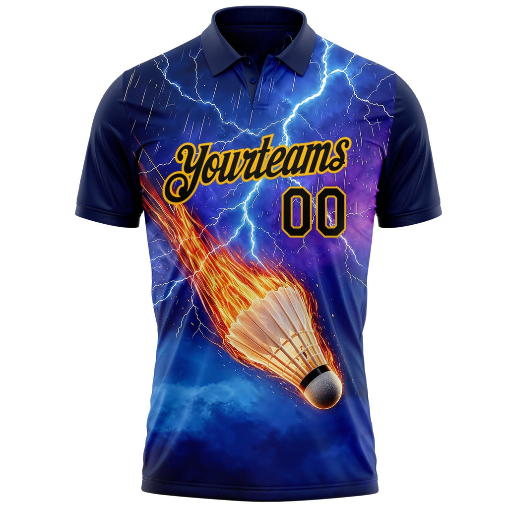 Custom Blue Black-Gold Flame Lightning Badminton Ball 3D Pattern Performance Polo Shirt photo 2