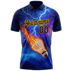 Custom Blue Black-Gold Flame Lightning Badminton Ball 3D Pattern Performance Polo Shirt photo 2