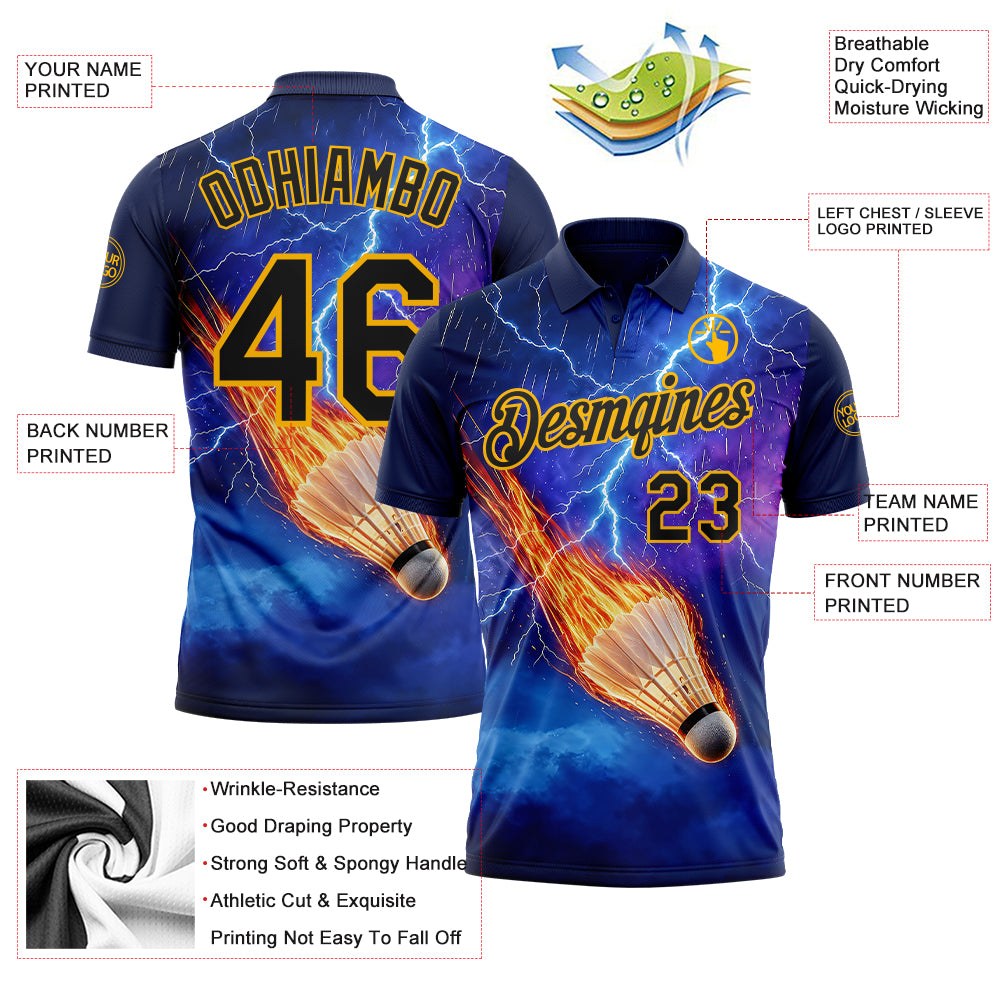 Custom Blue Black-Gold Flame Lightning Badminton Ball 3D Pattern Performance Polo Shirt photo 3