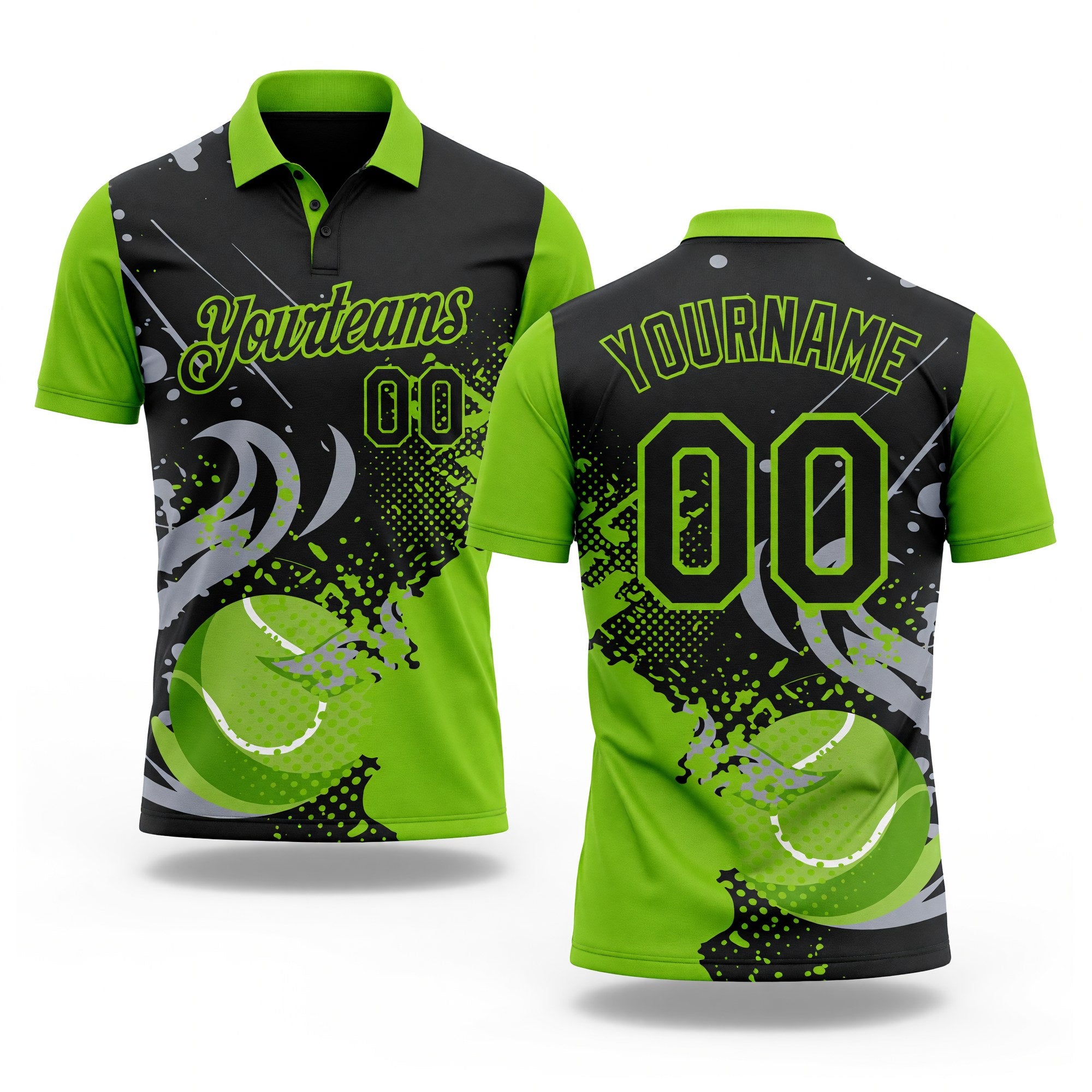 Custom Black Gray-Neon Green Tennis Ball Swirl Splatter 3D Pattern Performance Polo Shirt
