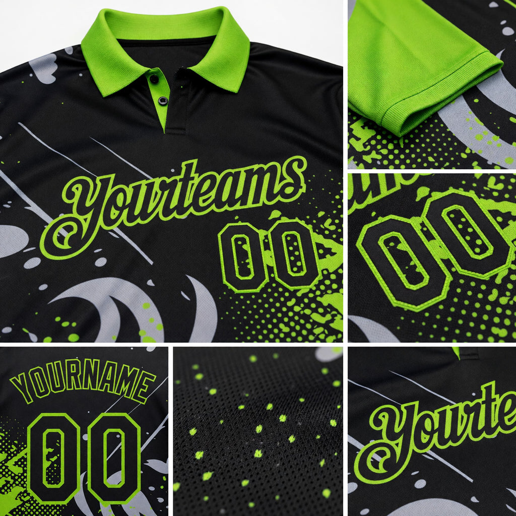 Custom Black Gray-Neon Green Tennis Ball Swirl Splatter 3D Pattern Performance Polo Shirt detail