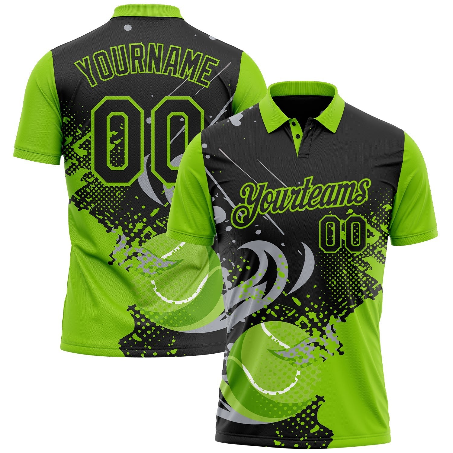 Custom Black Gray-Neon Green Tennis Ball Swirl Splatter 3D Pattern Performance Polo Shirt photo 1