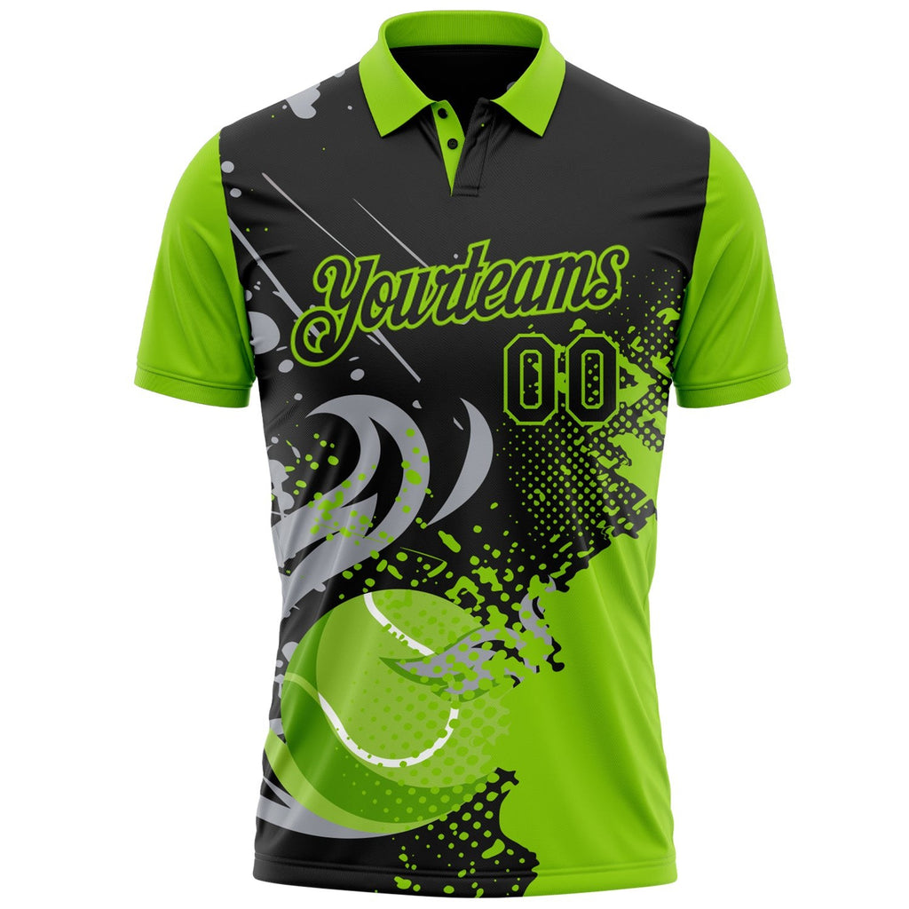 Custom Black Gray-Neon Green Tennis Ball Swirl Splatter 3D Pattern Performance Polo Shirt photo 2
