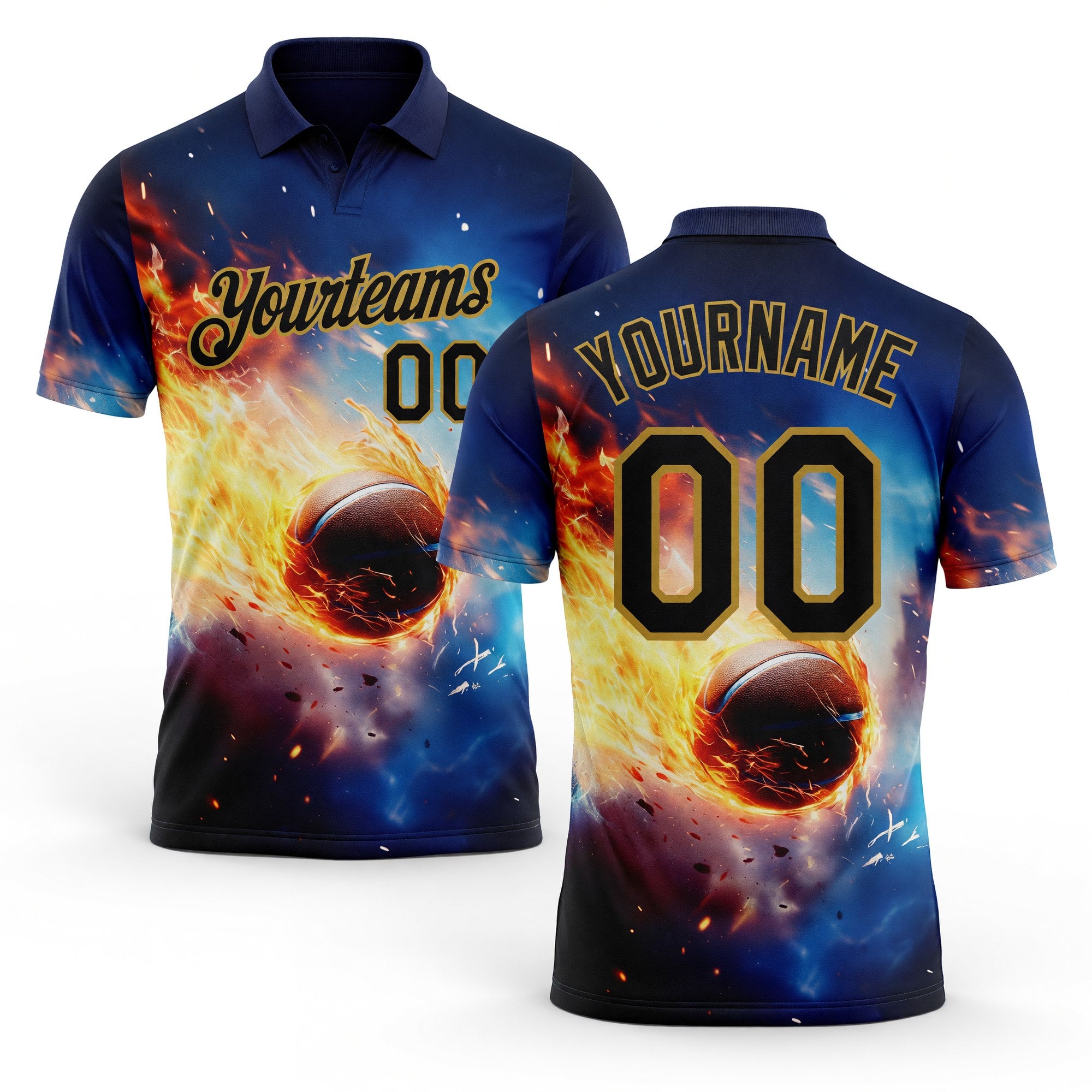 Custom Blue Black-Old Gold Flame Basketball Ball 3D Pattern Performance Polo Shirt