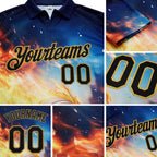 Custom Blue Black-Old Gold Flame Basketball Ball 3D Pattern Performance Polo Shirt detail