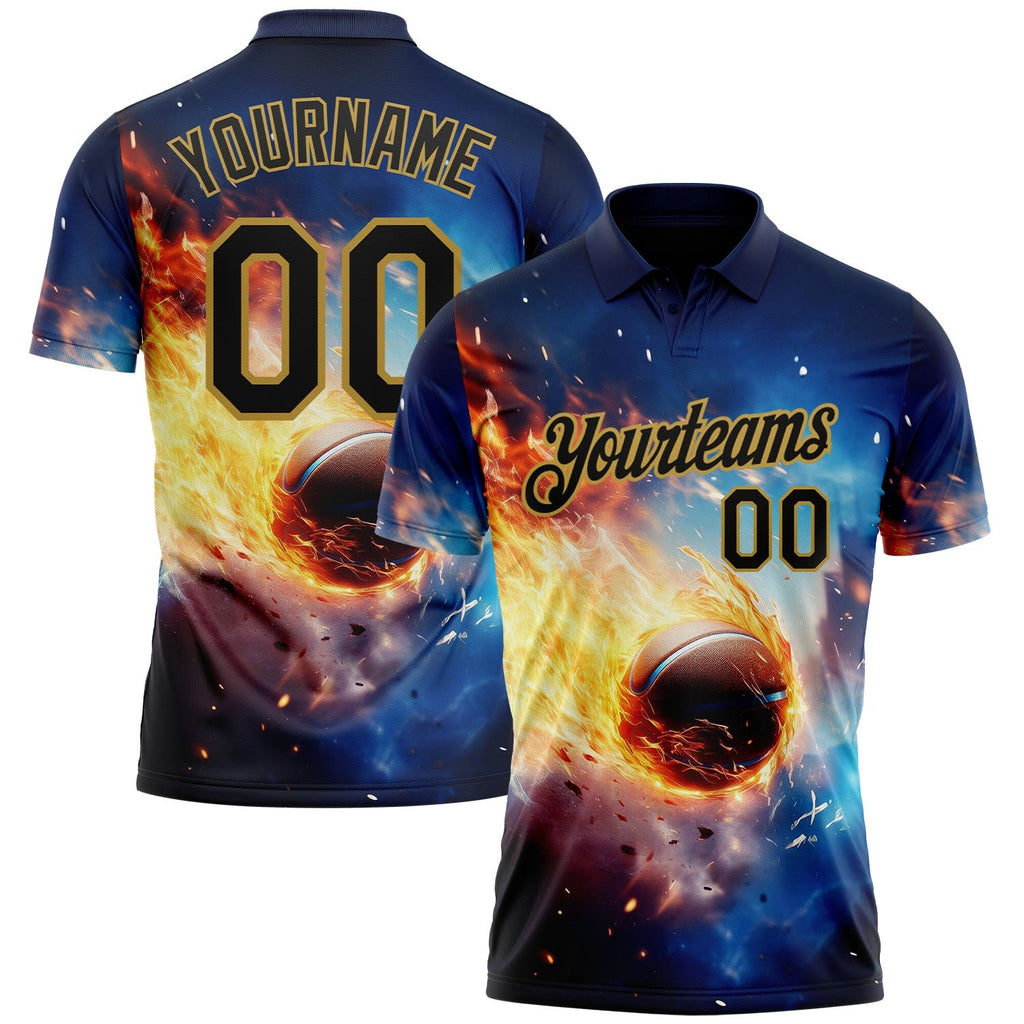 Custom Blue Black-Old Gold Flame Basketball Ball 3D Pattern Performance Polo Shirt photo 1