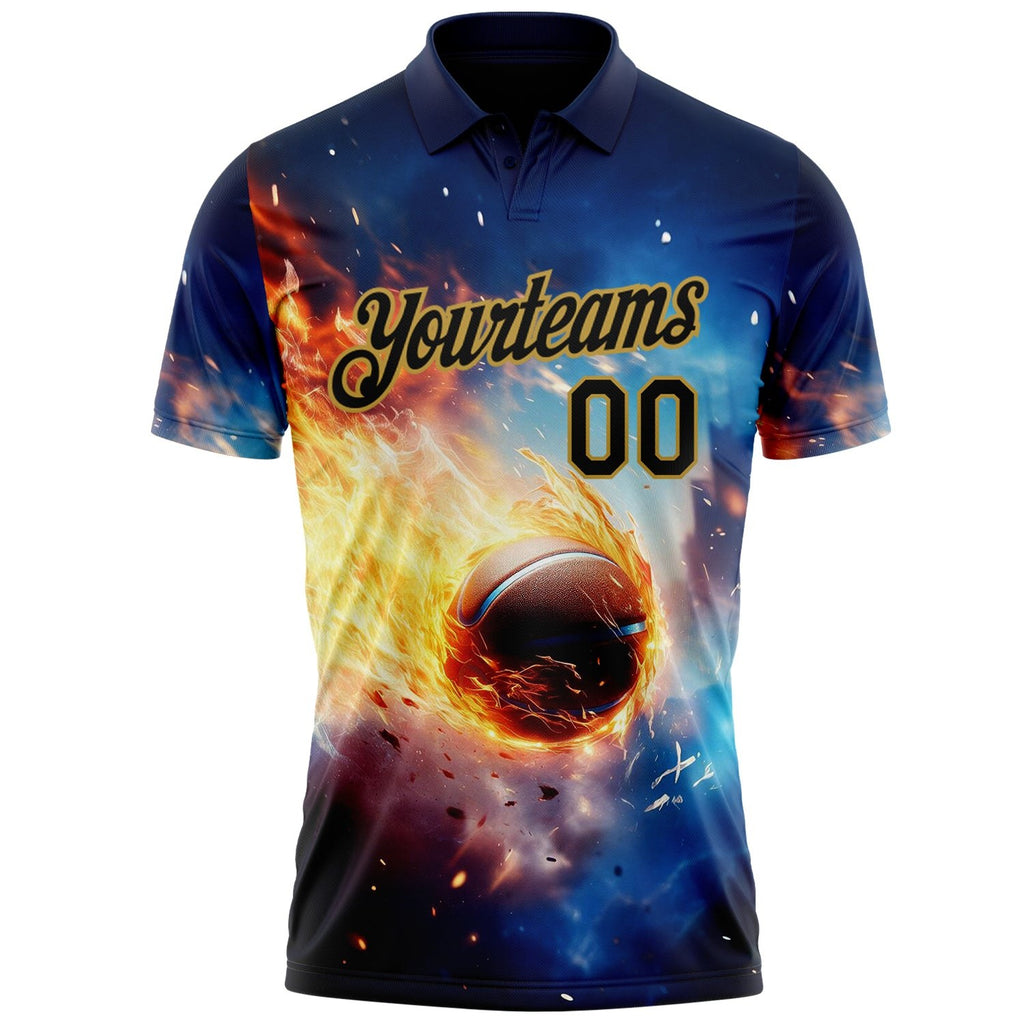 Custom Blue Black-Old Gold Flame Basketball Ball 3D Pattern Performance Polo Shirt photo 2