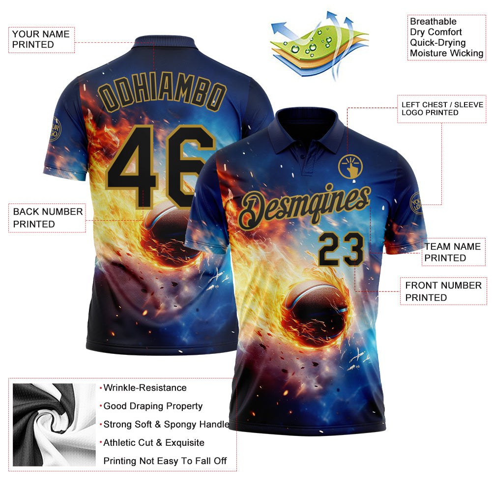 Custom Blue Black-Old Gold Flame Basketball Ball 3D Pattern Performance Polo Shirt photo 3