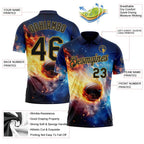 Custom Blue Black-Old Gold Flame Basketball Ball 3D Pattern Performance Polo Shirt photo 3
