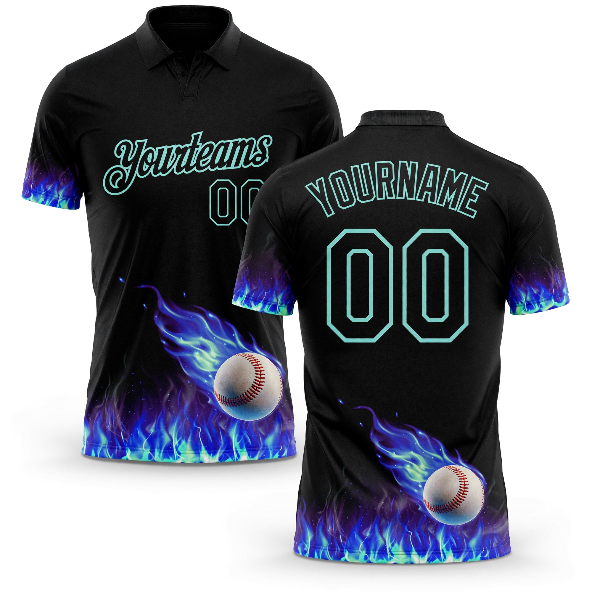 Custom Black-Ice Blue Flame Baseball Ball 3D Pattern Performance Polo Shirt