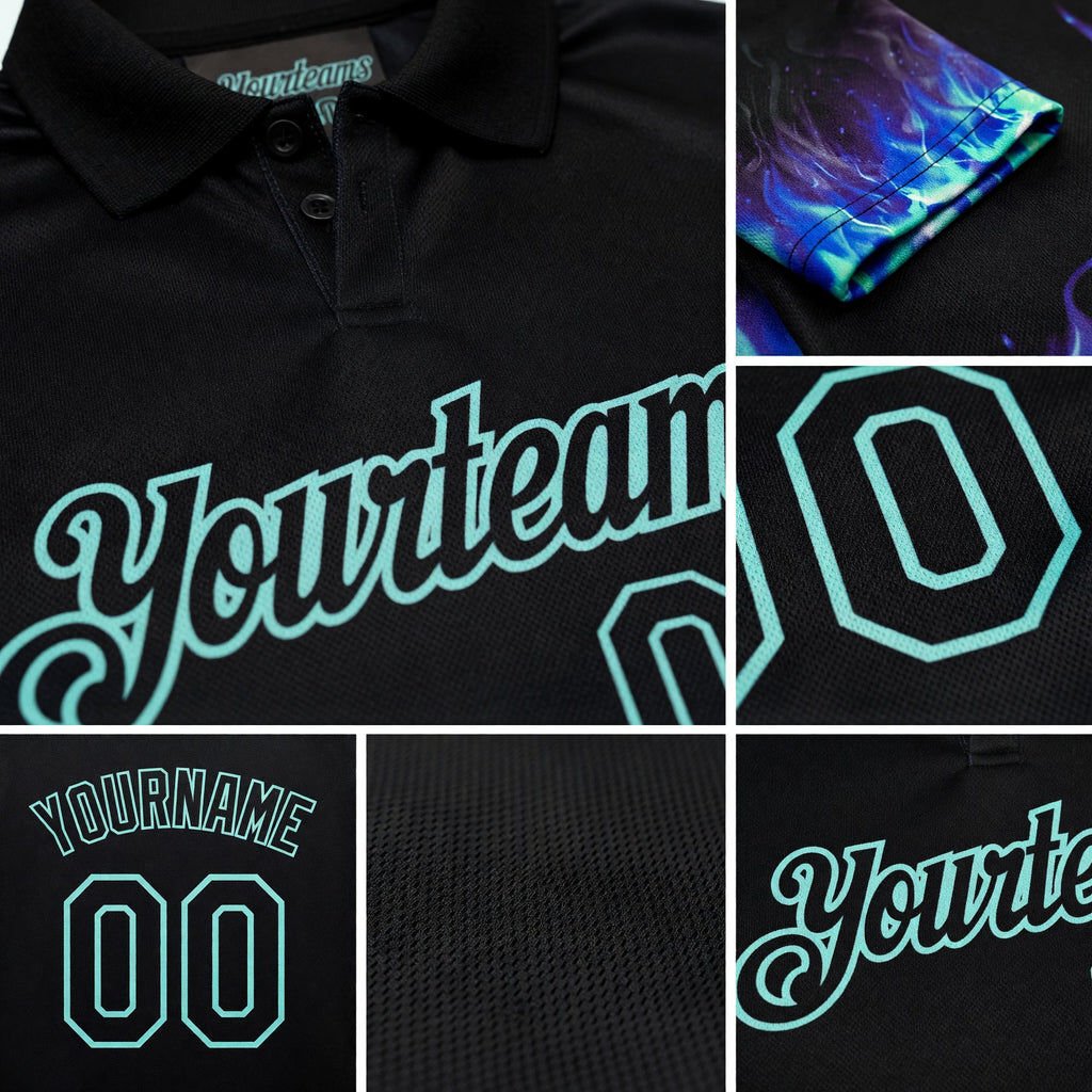 Custom Black-Ice Blue Flame Baseball Ball 3D Pattern Performance Polo Shirt detail